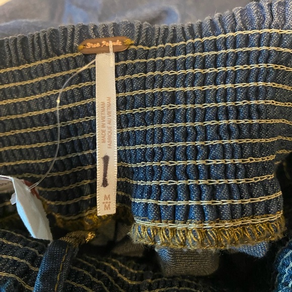 Free People This Is Everything denim Smocked Tie Neck Mini Dress M - Picture 12 of 12